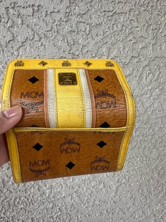 MCM Yellow and Tan Monogram Logo Compact Wallet - Picture 4 of 14
